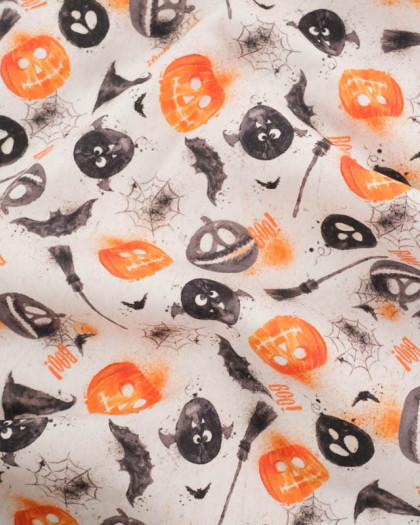 Tissu Coton Halloween Blanc Citrouilles et Chauve-Souris - Mercerine