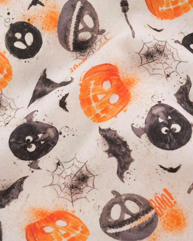 Tissu Coton Halloween Blanc Citrouilles et Chauve-Souris - Mercerine