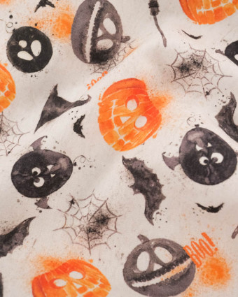 Tissu Coton Halloween Blanc Citrouilles et Chauve-Souris - Mercerine
