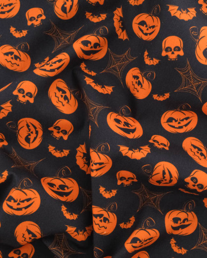 Tissu Halloween Coton Citrouilles Fond Noir - Mercerine