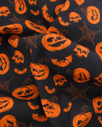 Tissu Halloween Coton Citrouilles Fond Noir - Mercerine
