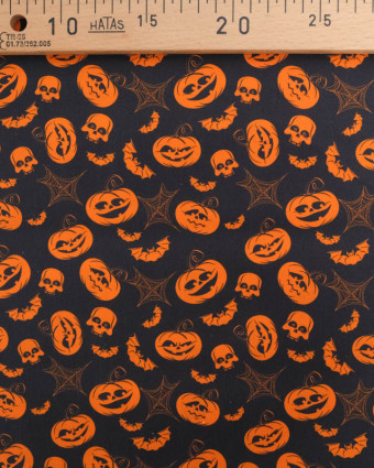 Tissu Halloween Coton Citrouilles Fond Noir - Mercerine