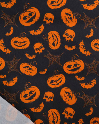 Tissu Halloween Coton Citrouilles Fond Noir - Mercerine