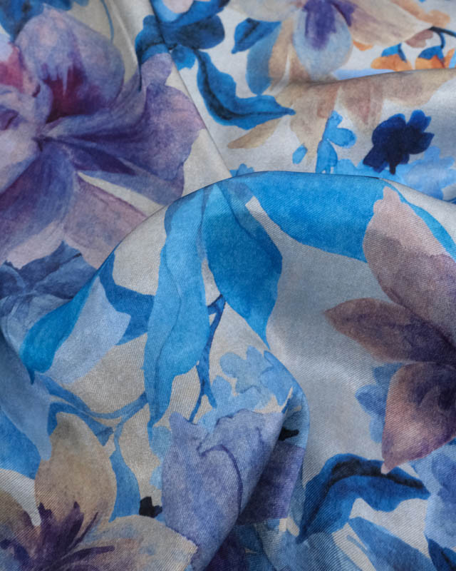 Satin de Viscose Imprimé Fleuri Romantique Bleu - Mercerine