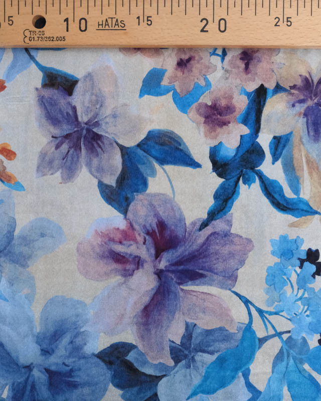 Satin de Viscose Imprimé Fleuri Romantique Bleu - Mercerine