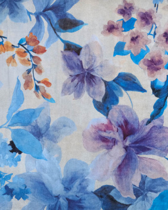 Satin de Viscose Imprimé Fleuri Romantique Bleu - Mercerine