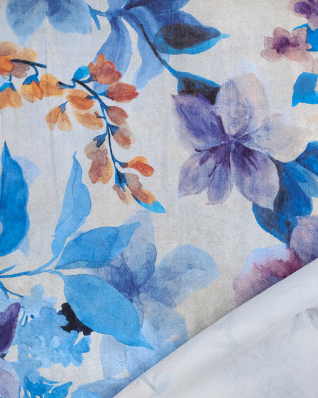 Satin de Viscose Imprimé Fleuri Romantique Bleu - Mercerine