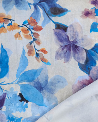 Satin de Viscose Imprimé Fleuri Romantique Bleu - Mercerine