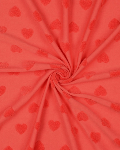 Tissu Maille Coton Petits Cœurs en Eponge Corail - Mercerine