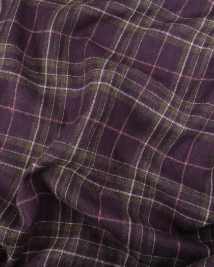 Tissu Lainage Italien Violet Carreaux Vert Kaki - Mercerine