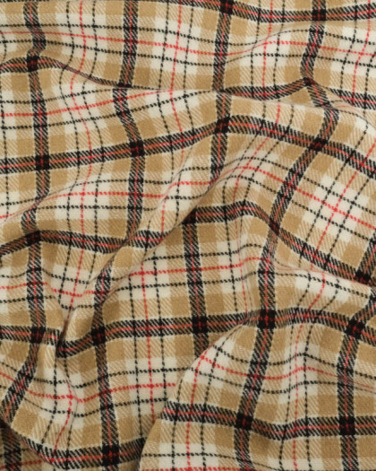 Tissu Lainage Italien Beige Motif Tartan Rouge et Noir - Mercerine