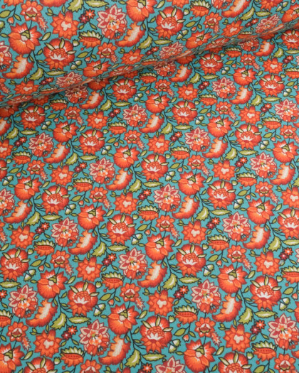 Cretonne de Coton Turquoise Motif Fleuri Rouge Orange - Mercerine