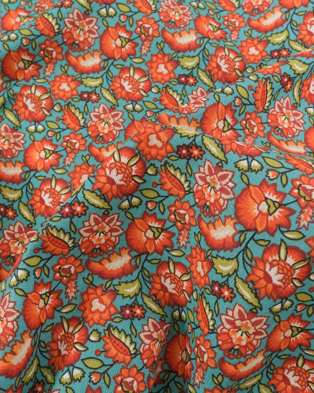 Cretonne de Coton Turquoise Motif Fleuri Rouge Orange - Mercerine