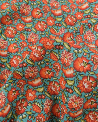 Cretonne de Coton Turquoise Motif Fleuri Rouge Orange - Mercerine