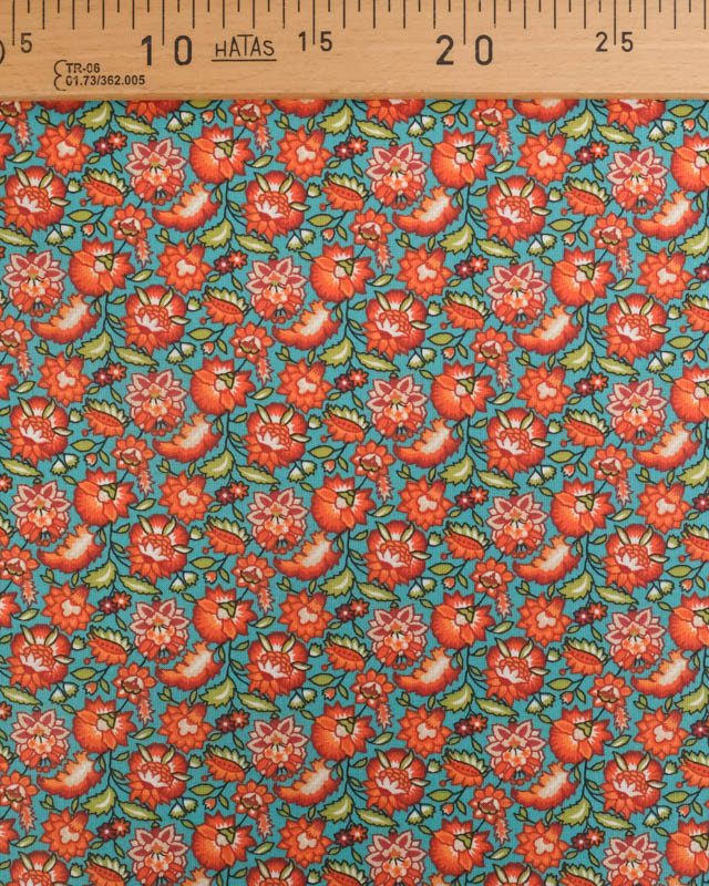 Cretonne de Coton Turquoise Motif Fleuri Rouge Orange - Mercerine