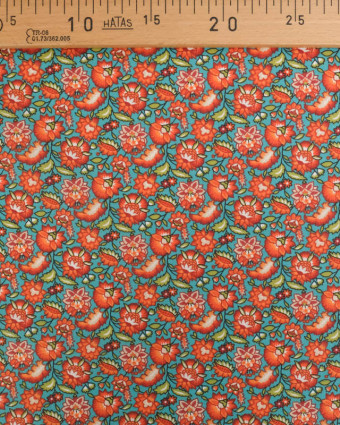 Cretonne de Coton Turquoise Motif Fleuri Rouge Orange - Mercerine