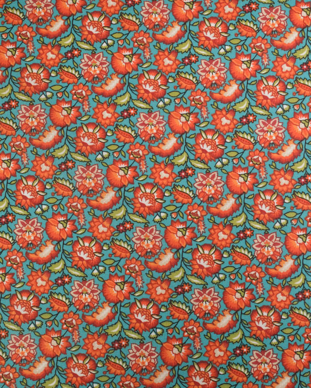 Cretonne de Coton Turquoise Motif Fleuri Rouge Orange - Mercerine