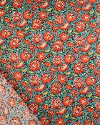 Cretonne de Coton Turquoise Motif Fleuri Rouge Orange - Mercerine