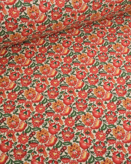 Cretonne de Coton Crème Motif Fleuri Rouge - Mercerine