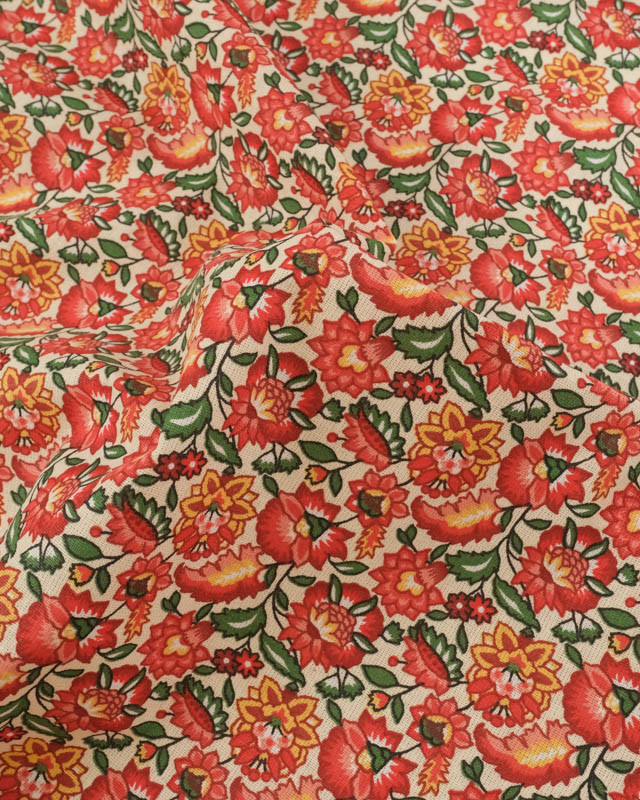 Cretonne de Coton Crème Motif Fleuri Rouge - Mercerine