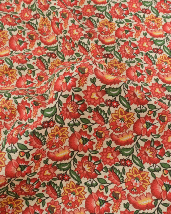 Cretonne de Coton Crème Motif Fleuri Rouge - Mercerine