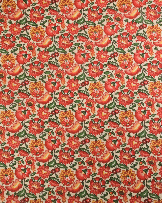 Cretonne de Coton Crème Motif Fleuri Rouge - Mercerine