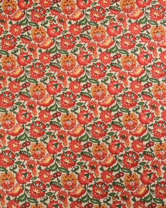 Cretonne de Coton Crème Motif Fleuri Rouge - Mercerine