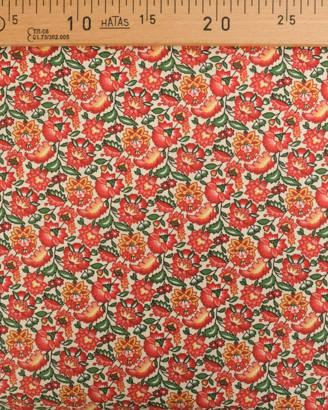 Cretonne de Coton Crème Motif Fleuri Rouge - Mercerine