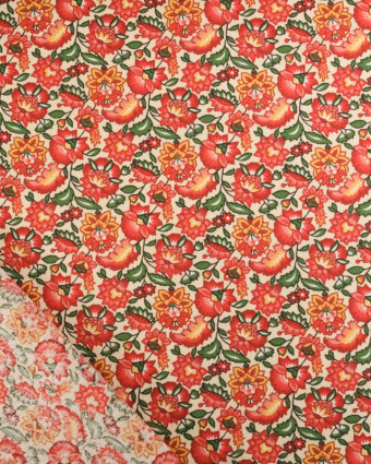 Cretonne de Coton Crème Motif Fleuri Rouge - Mercerine