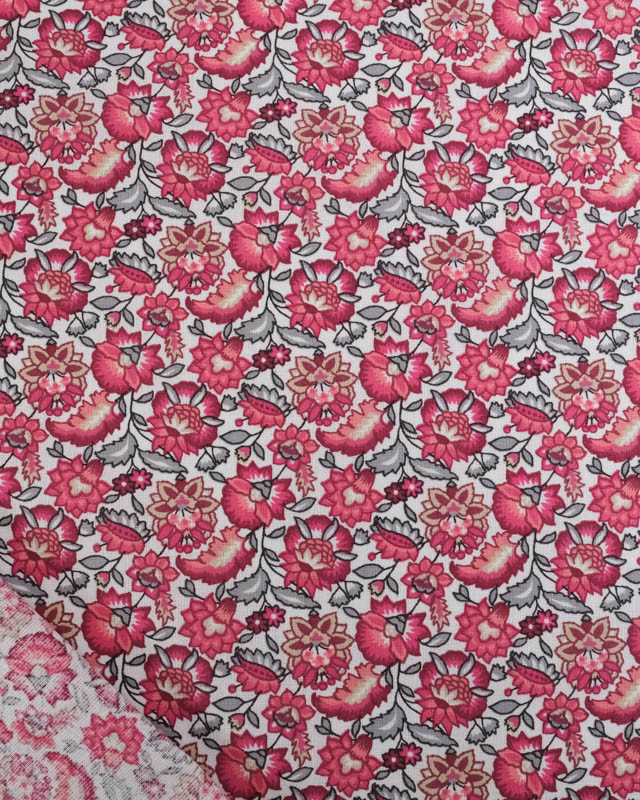 Cretonne de Coton Blanche Motif Fleuri Rose - Mercerine