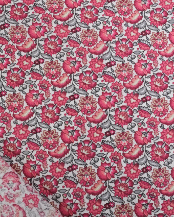 Cretonne de Coton Blanche Motif Fleuri Rose - Mercerine