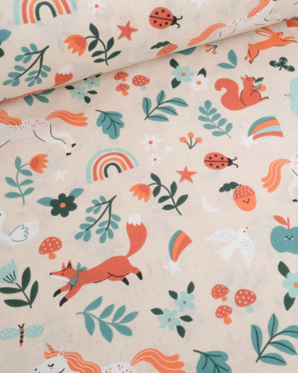 Cretonne de Coton Beige Motif Licorne - Mercerine