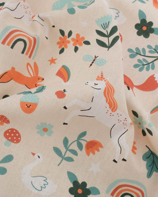 Cretonne de Coton Beige Motif Licorne - Mercerine