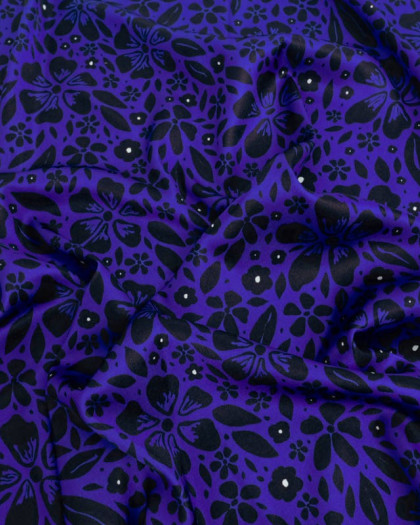 Tissu Satin Effet Soie Floral Bleu Royal - Mercerine