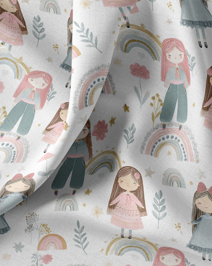 Tissu Coton Motifs Petites Filles et Arcs-en-Ciel - Mercerine