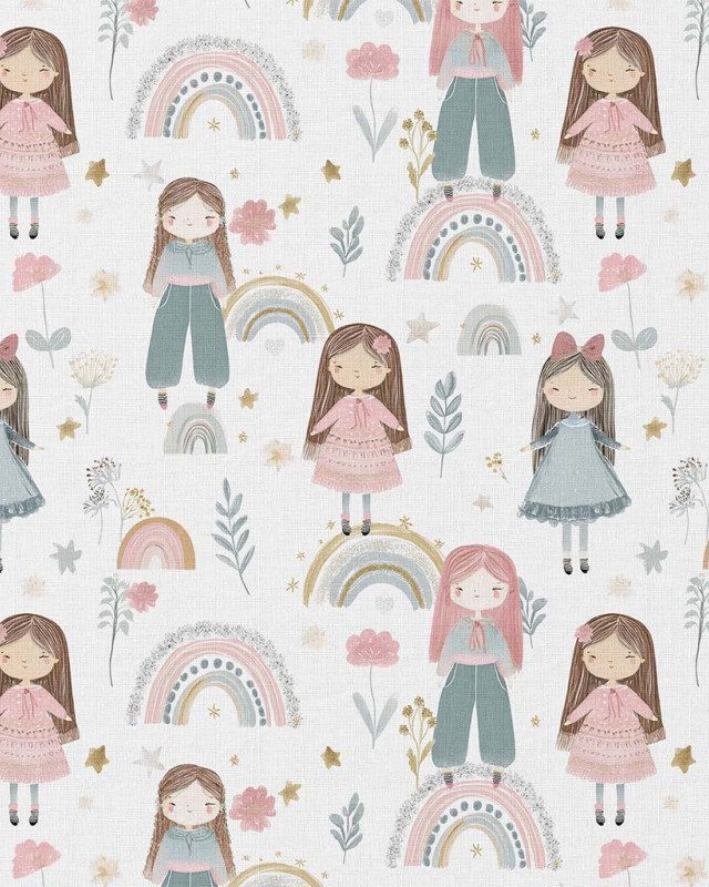 Tissu Coton Motifs Petites Filles et Arcs-en-Ciel - Mercerine