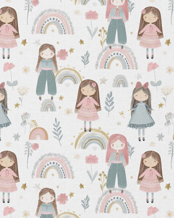 Tissu Coton Motifs Petites Filles et Arcs-en-Ciel - Mercerine