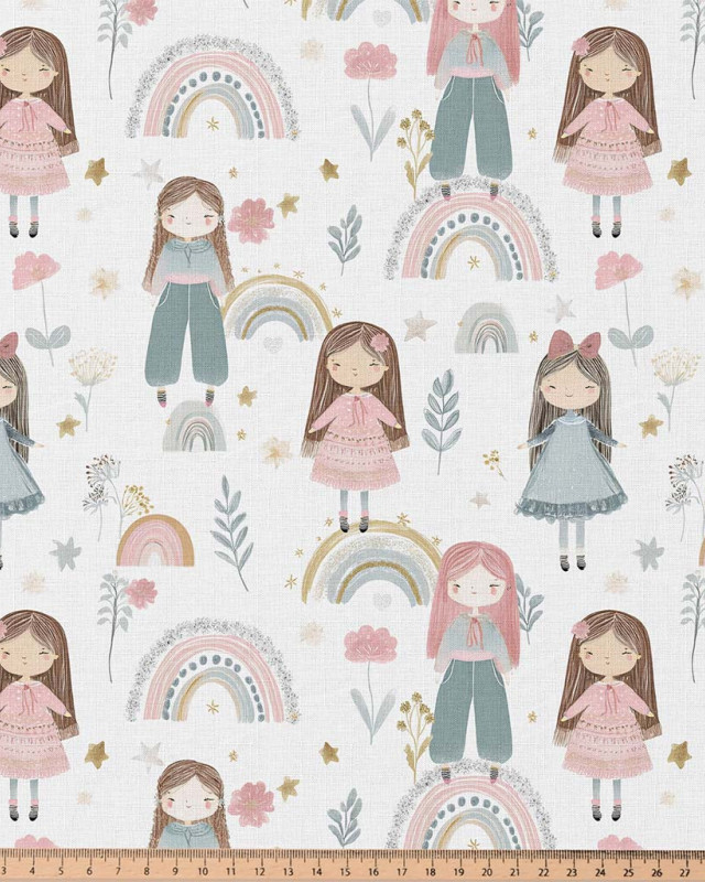 Tissu Coton Motifs Petites Filles et Arcs-en-Ciel - Mercerine