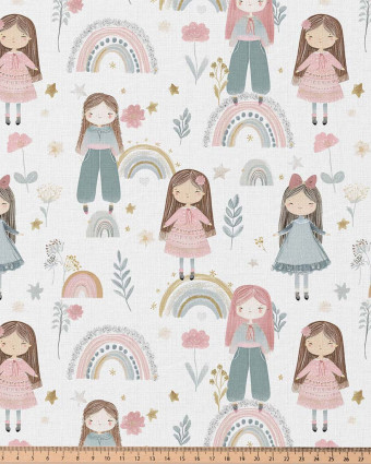 Tissu Coton Motifs Petites Filles et Arcs-en-Ciel - Mercerine