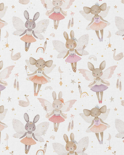 Tissu Coton Motifs  Petites Souris Fées et Lapins Magiques - Mercerine
