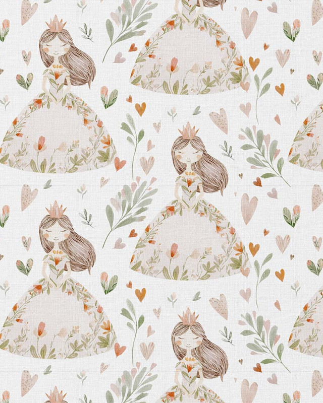 Tissu Coton Imprimé  Princesses Fleuries et Cœurs  - Mercerine