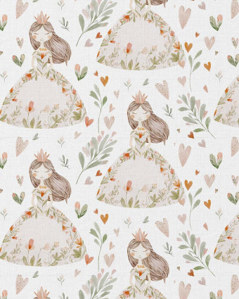 Tissu Coton Imprimé  Princesses Fleuries et Cœurs  - Mercerine