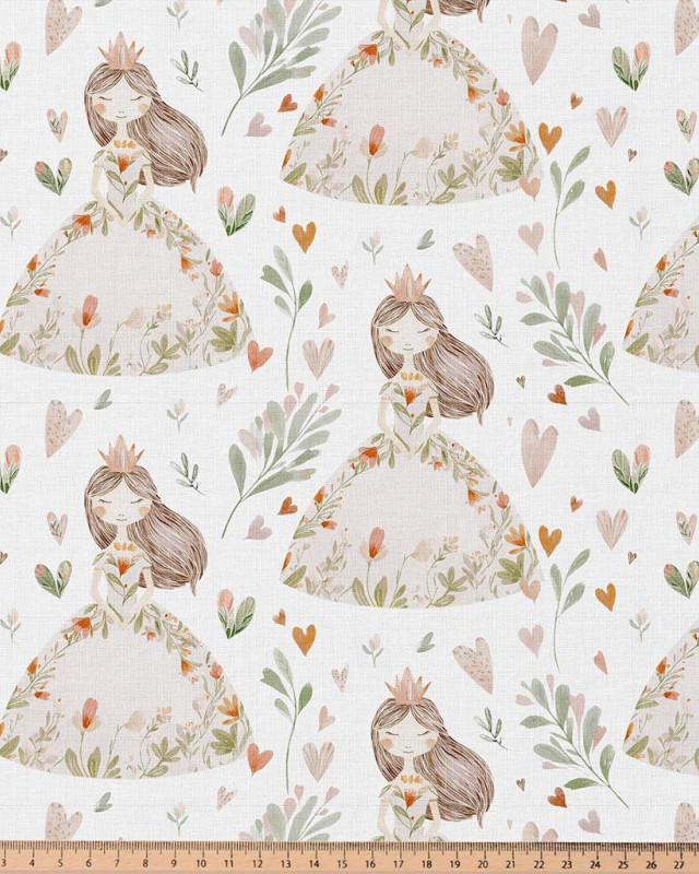 Tissu Coton Imprimé  Princesses Fleuries et Cœurs  - Mercerine