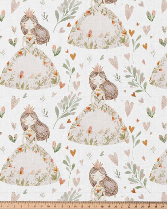 Tissu Coton Imprimé  Princesses Fleuries et Cœurs  - Mercerine