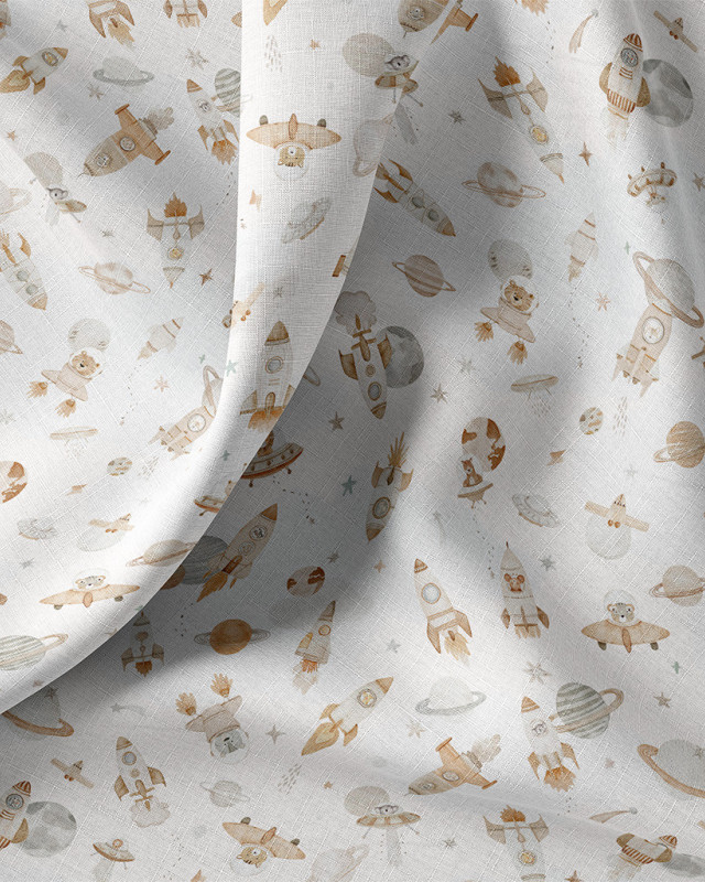 Tissu Coton Imprimé  fusées et planètes  - Mercerine
