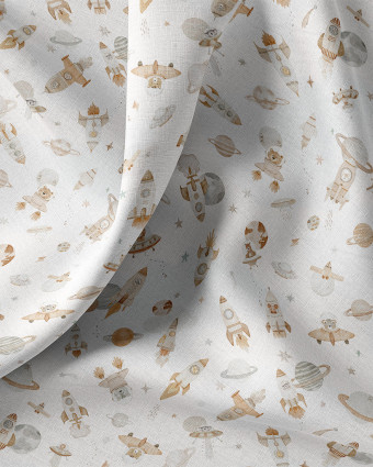Tissu Coton Imprimé  fusées et planètes  - Mercerine
