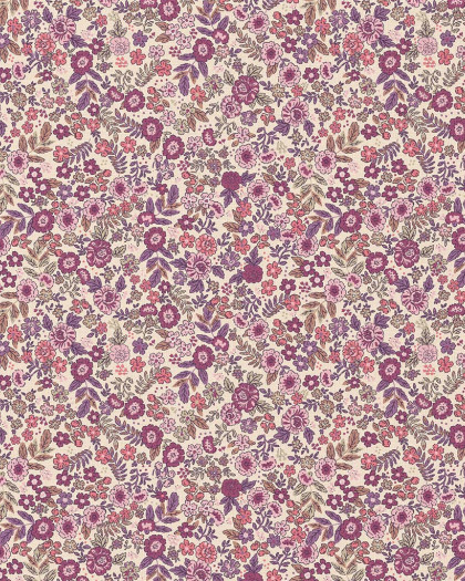 Tissu Coton imprimé Jardin de fleurs violettes et roses- Mercerine
