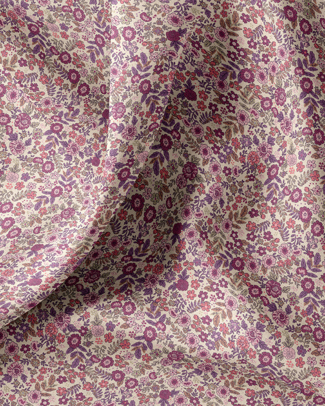 Tissu Coton imprimé Jardin de fleurs violettes et roses- Mercerine