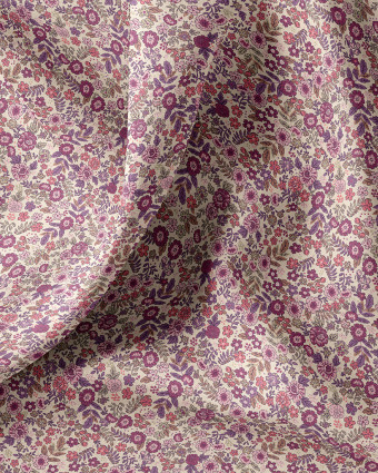 Tissu Coton imprimé Jardin de fleurs violettes et roses- Mercerine