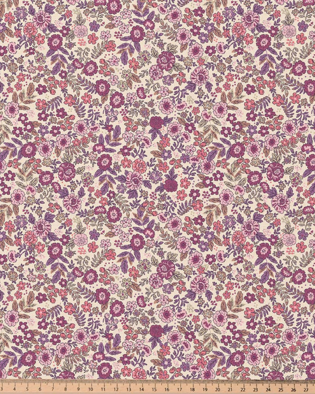 Tissu Coton imprimé Jardin de fleurs violettes et roses- Mercerine